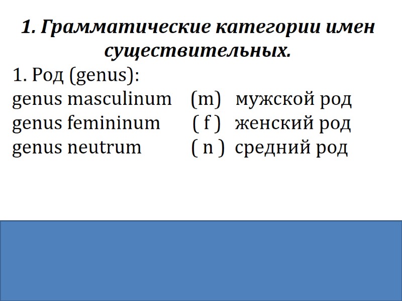 1. Грамматические категории имен существительных.  1. Род (genus): genus masculinum   